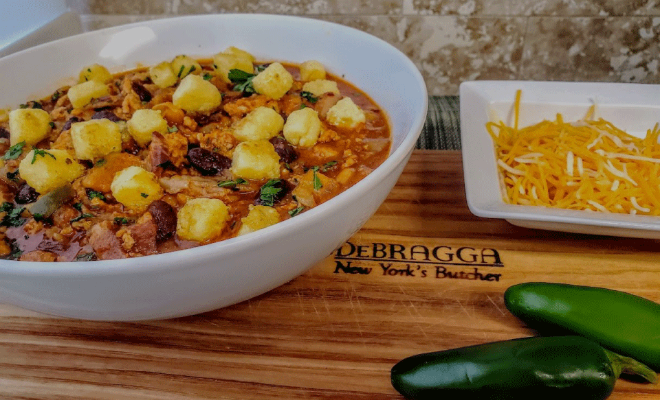 Smokin’ Pork and Beef Chili with Bacon and Fried Polenta Topper