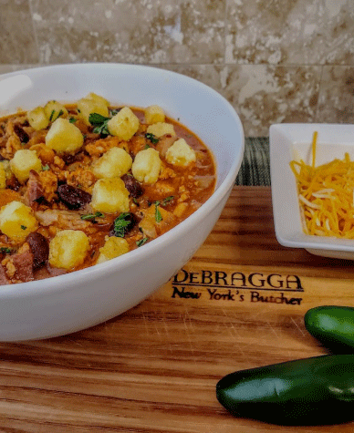 Smokin’ Pork and Beef Chili with Bacon and Fried Polenta Topper